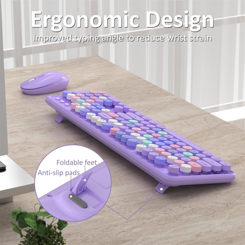 Links9+ Wireless Keyboard and Mouse, Full-Size Retro Typewriter Keyboard with Round Keycaps, 2.4GHz for Windows, Mac, Laptop, PC, Desktop (Purple Colorful) - Image 3